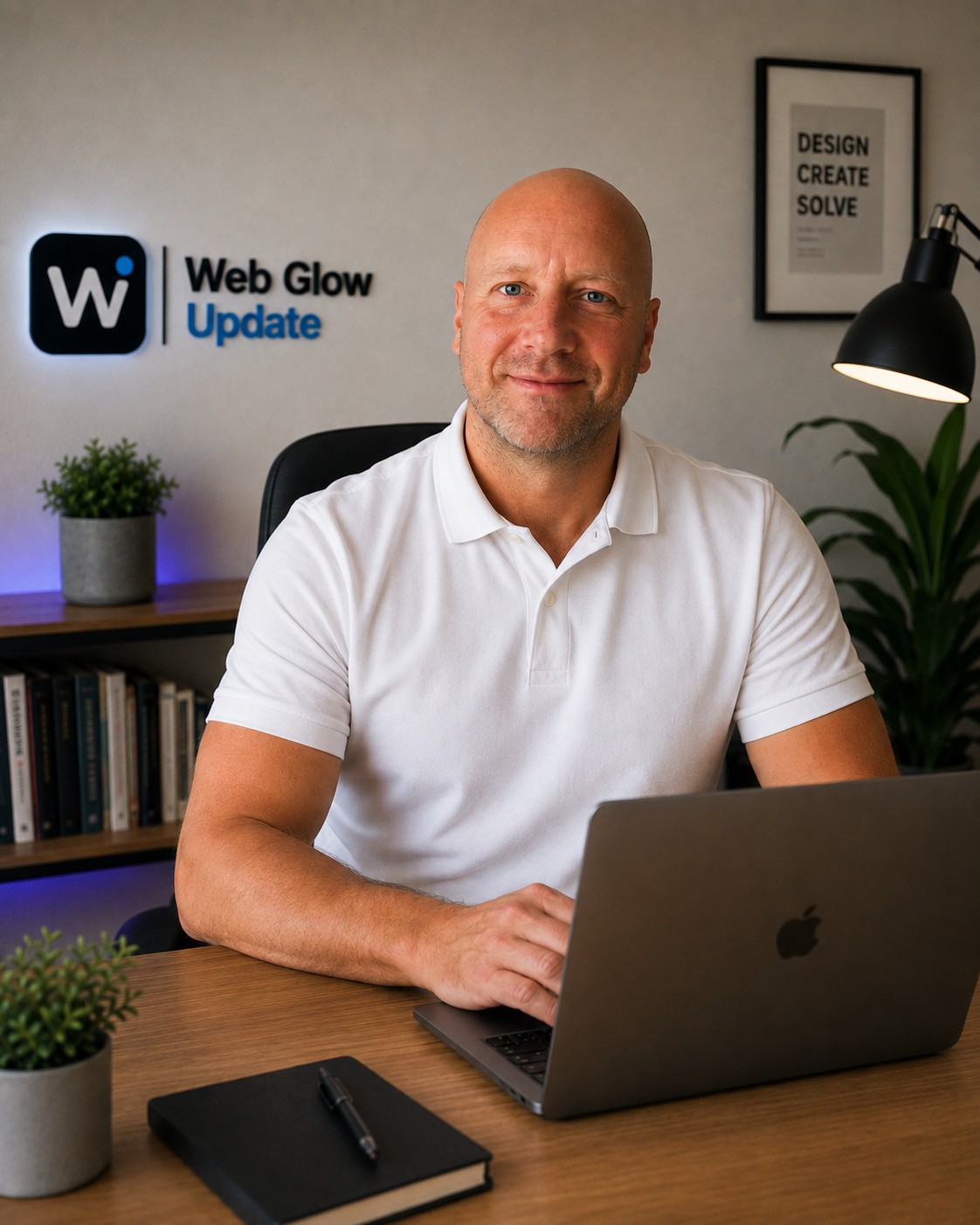 Billy from Web Glow Update at his desk