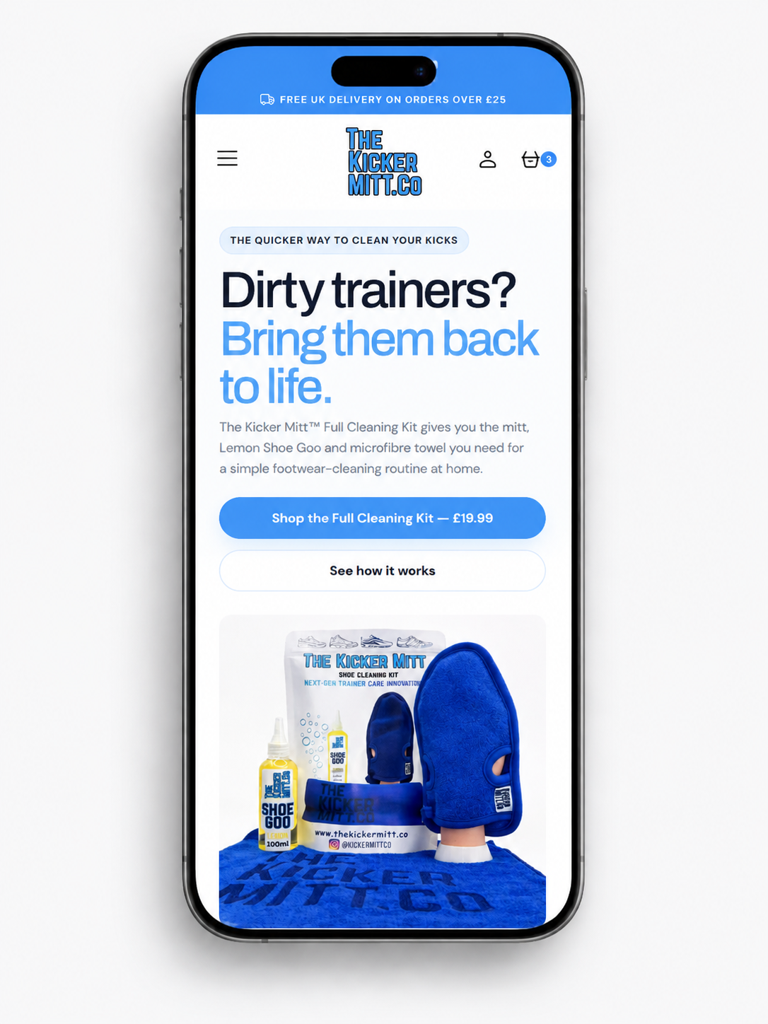 The Kicker Mitt Co mobile homepage